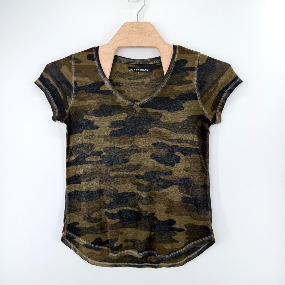 Lucky Brand Camo Burnout V-Neck Tee Size M Cotton Blend Green Utility T Shirt